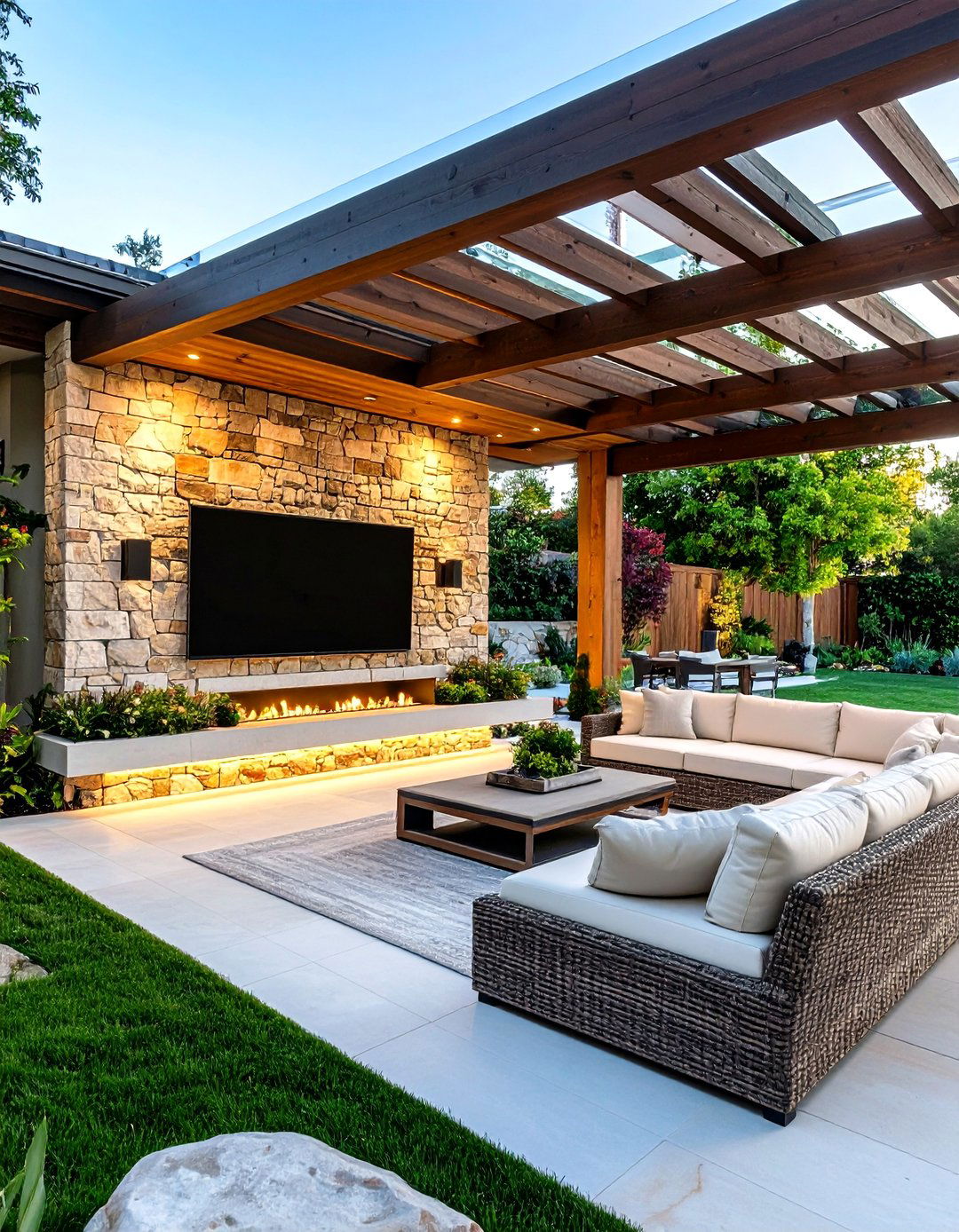 Outdoor TV Wall with Weather Resistant Materials and Landscape Integration - 24 Tv Wall Ideas