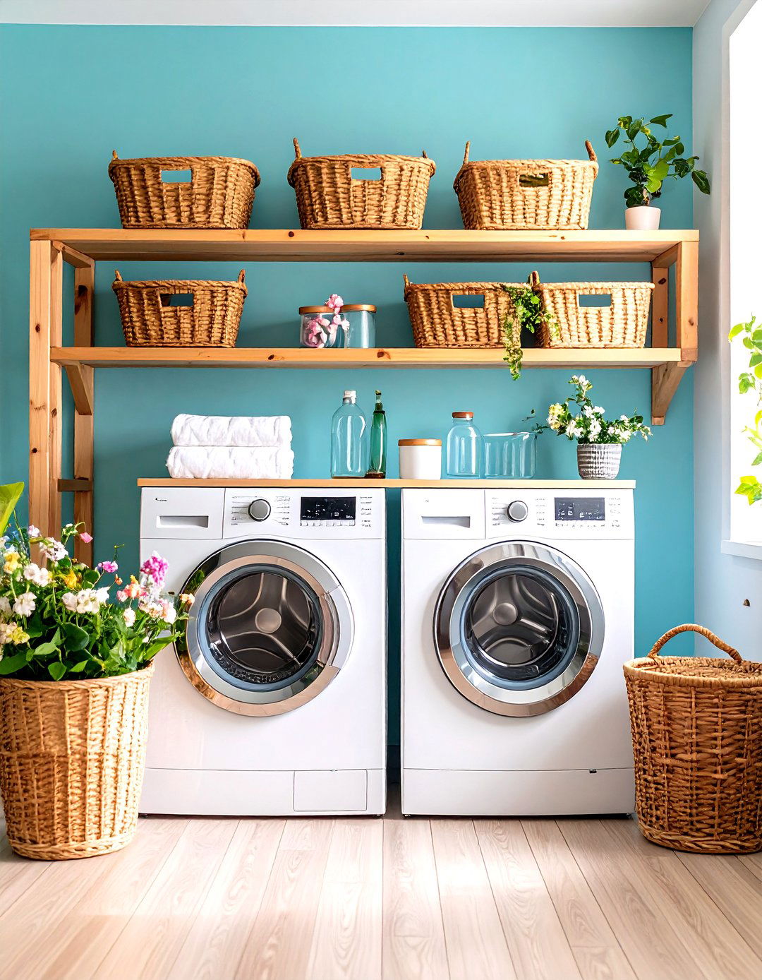 Over Washer Shelving Bridge - 24 Small Laundry Room Ideas With a Top Load Washing Machine