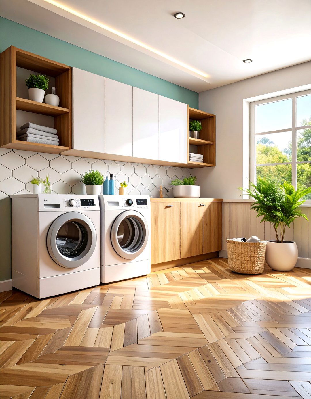 Overlapping Material Laundry Room Design - 24 Floor Transition Ideas