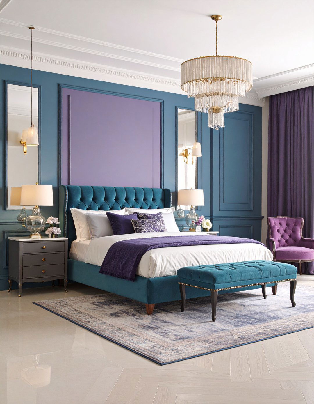 Oxford Blue Wainscoting with Mulberry Wallpaper - 24 Blue and Purple Bedroom Ideas