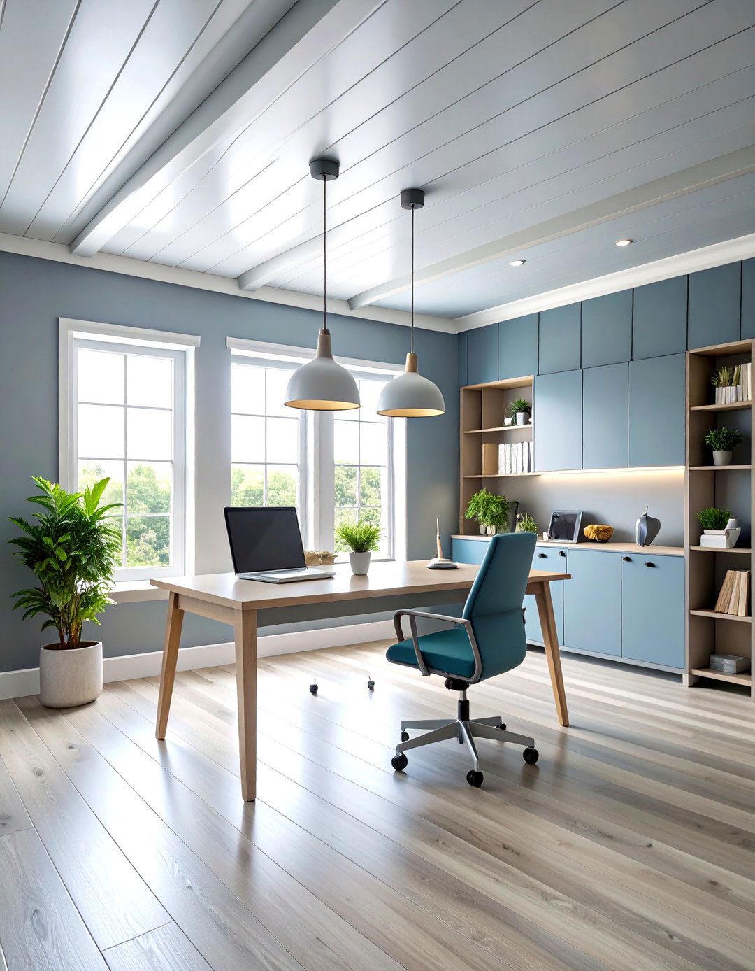 Painted Gray Minimalist Home Office - 24 Shiplap Ceiling Ideas