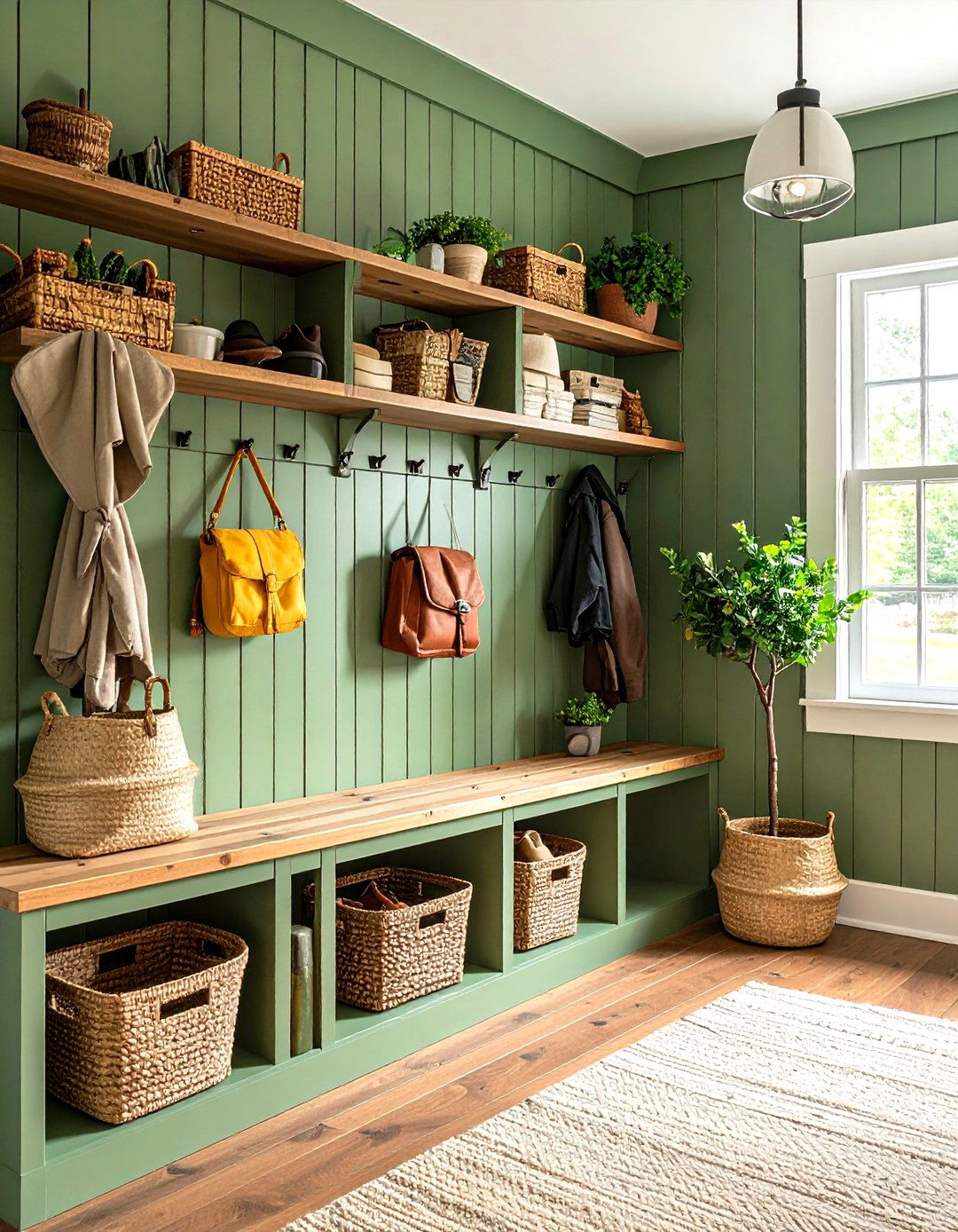 Painted Sage Green Mudroom Storage - 24 Beadboard Wall Ideas