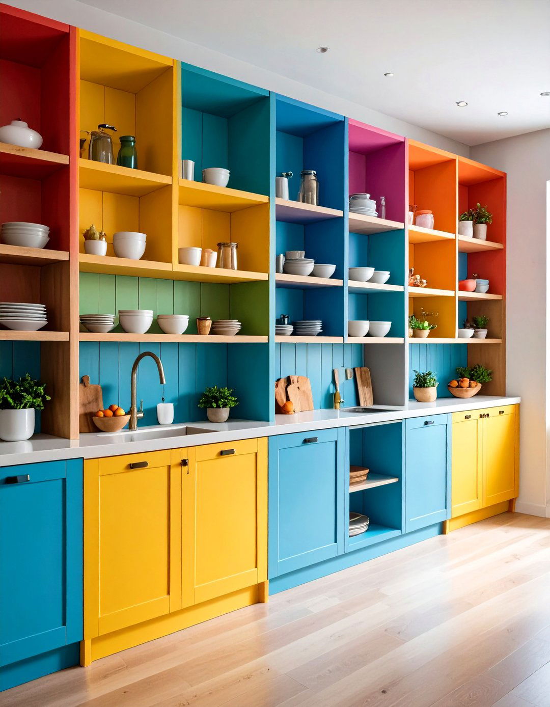 Painted Wood Color Block Shelving - 24 Open Shelving Kitchen Ideas