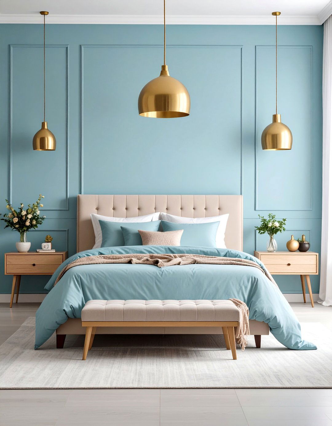 Pale Blue Walls with Gold Pendant Lighting - 24 Blue and Gold Bedroom Ideas