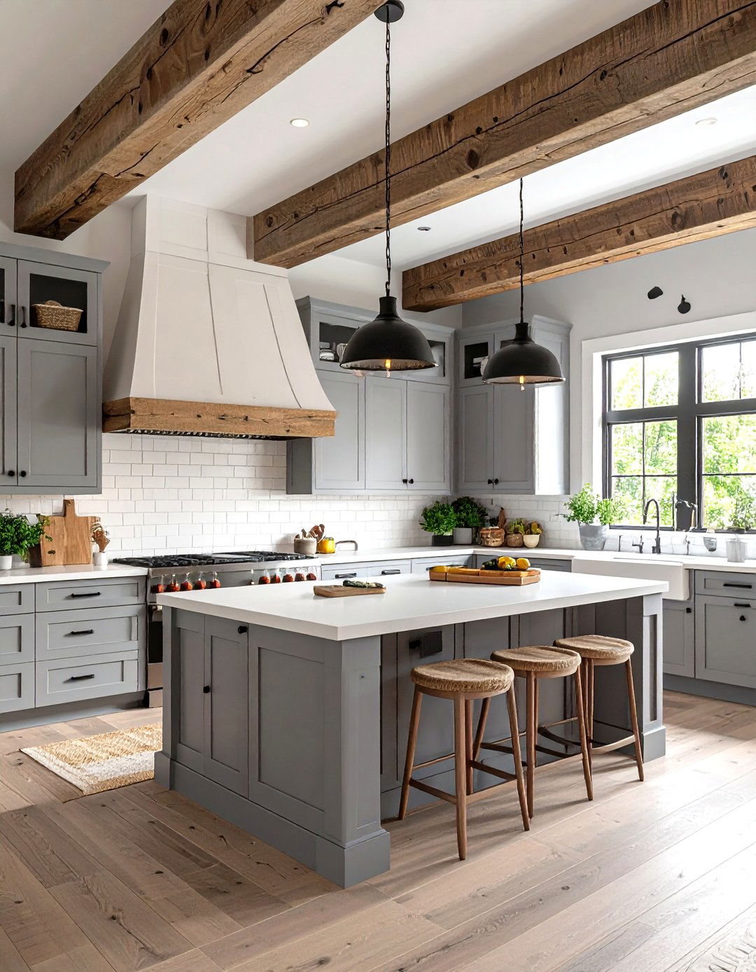 Pale Gray Cabinets with Reclaimed Wood Ceiling Beams - 24 Farmhouse Kitchen With Gray Cabinets Ideas
