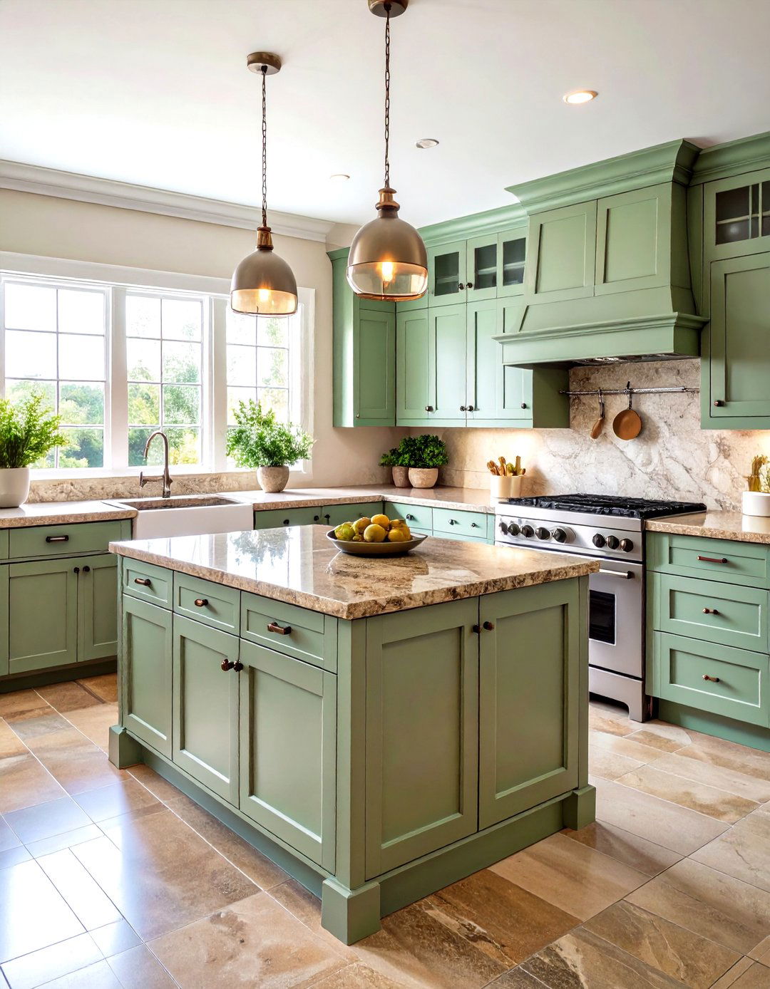 Pale Green Cabinets with Brown Granite Countertops - 24 Green and Brown Kitchen Ideas