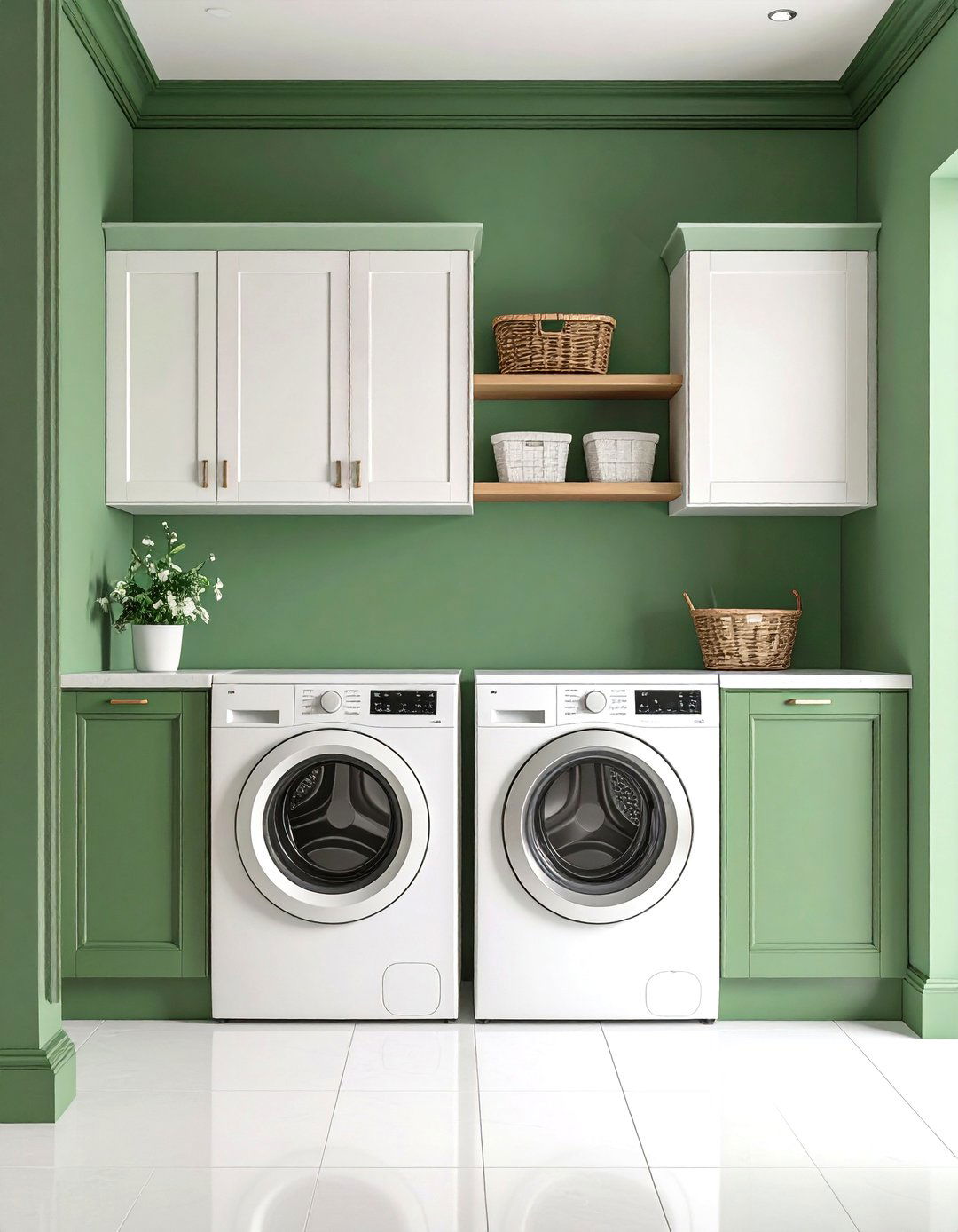 Pale Green Walls with Dark Green Trim - 24 Green Laundry Room Ideas