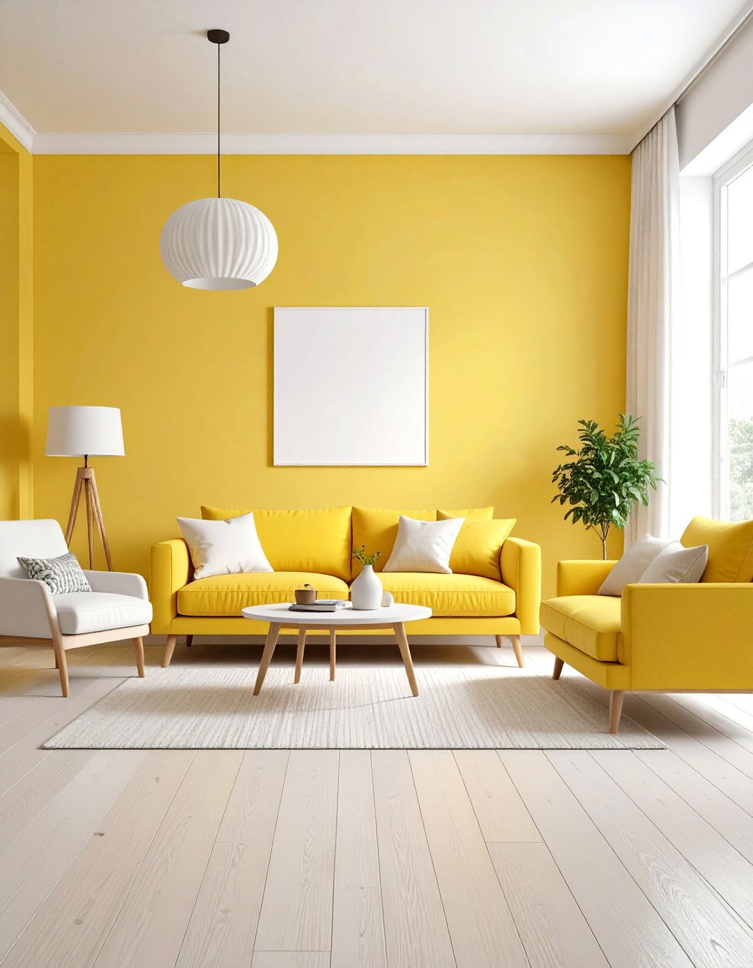Pale Lemon and White Minimalist Living Room - 24 Yellow Living Room Ideas
