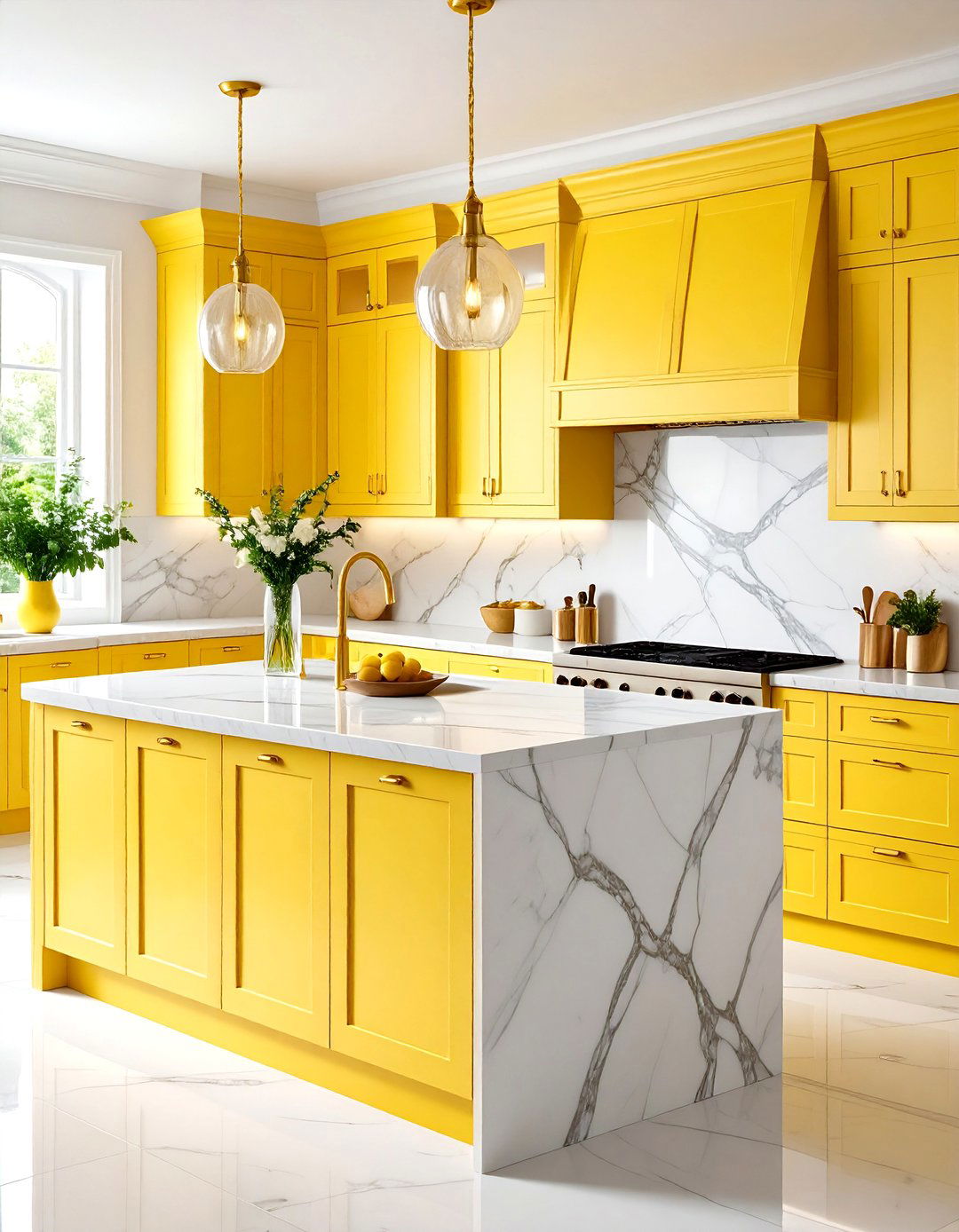Pale Yellow Kitchen with Marble Backsplash - 24 Pale Yellow Kitchen Ideas