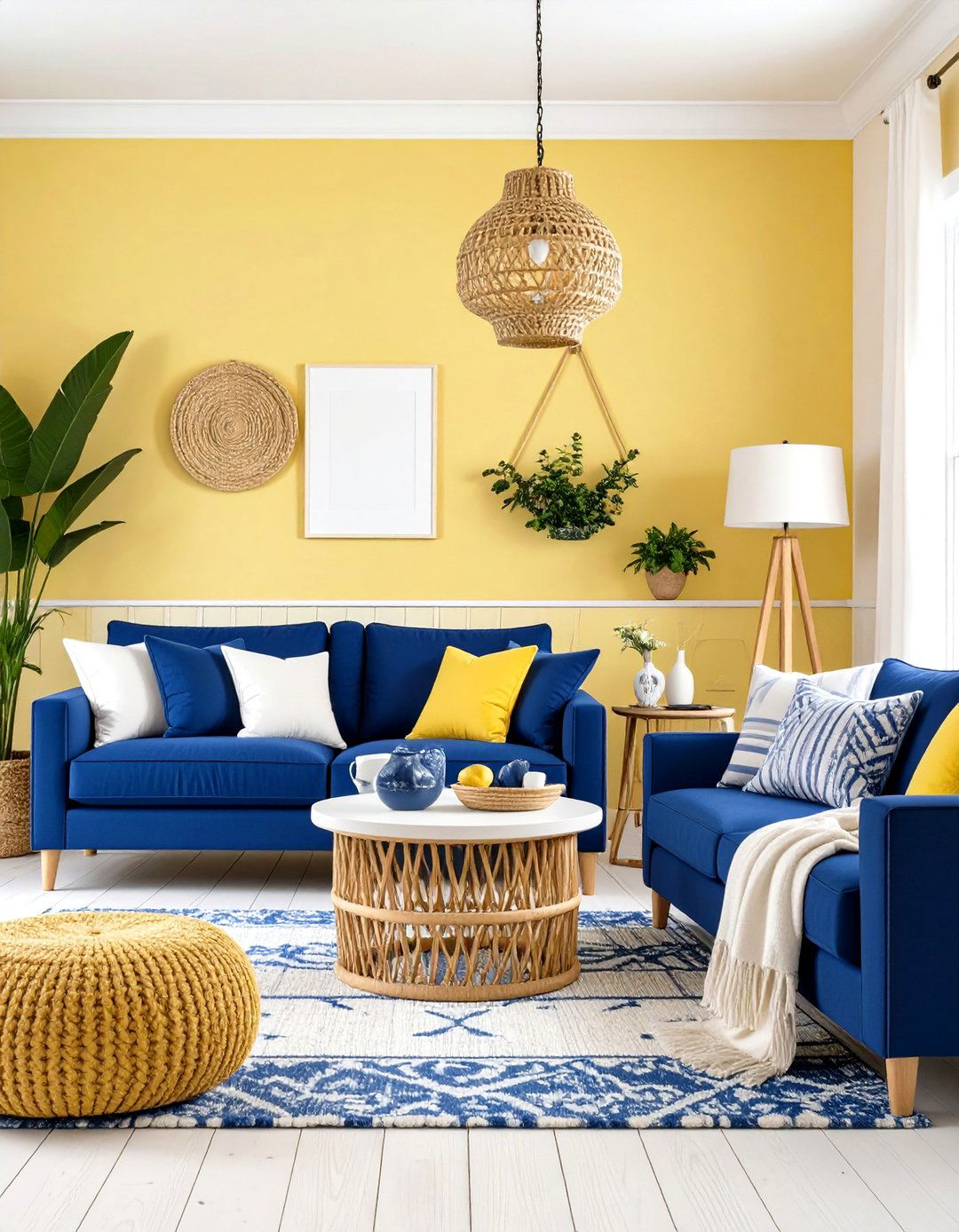 Pale Yellow and Blue Coastal Living Room - 24 Yellow Living Room Ideas