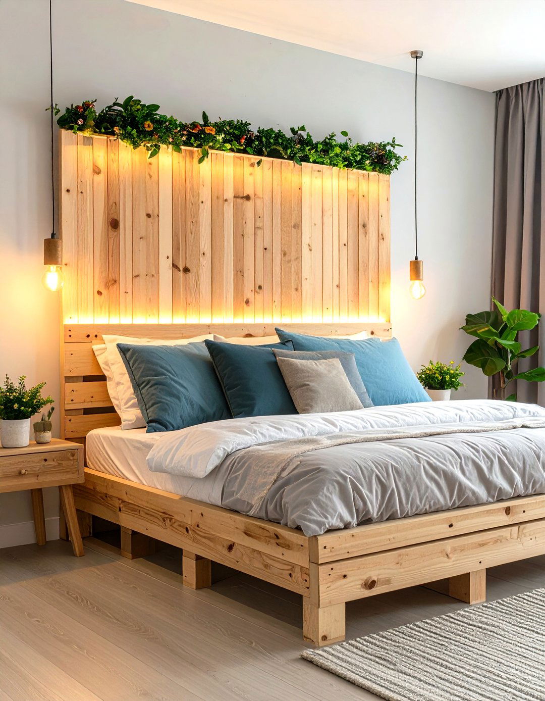 Pallet Headboard with Built in Lighting Features - 24 Pallet Furniture Ideas