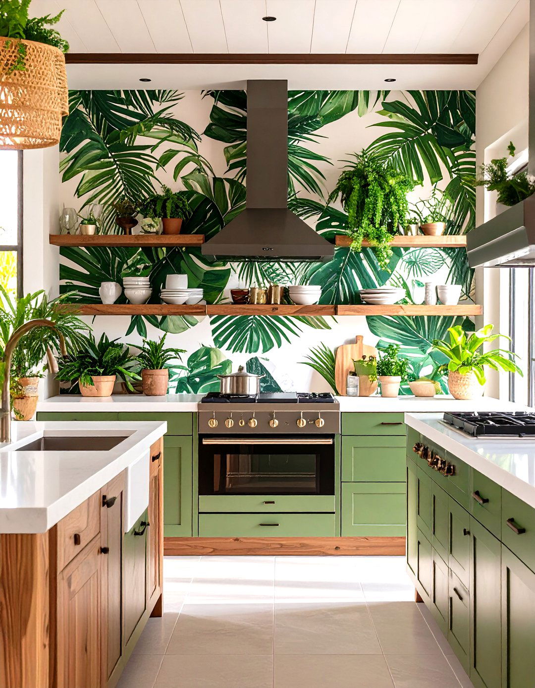 Palm Leaf Wallpaper Accent Wall - 24 Tropical Kitchen Ideas