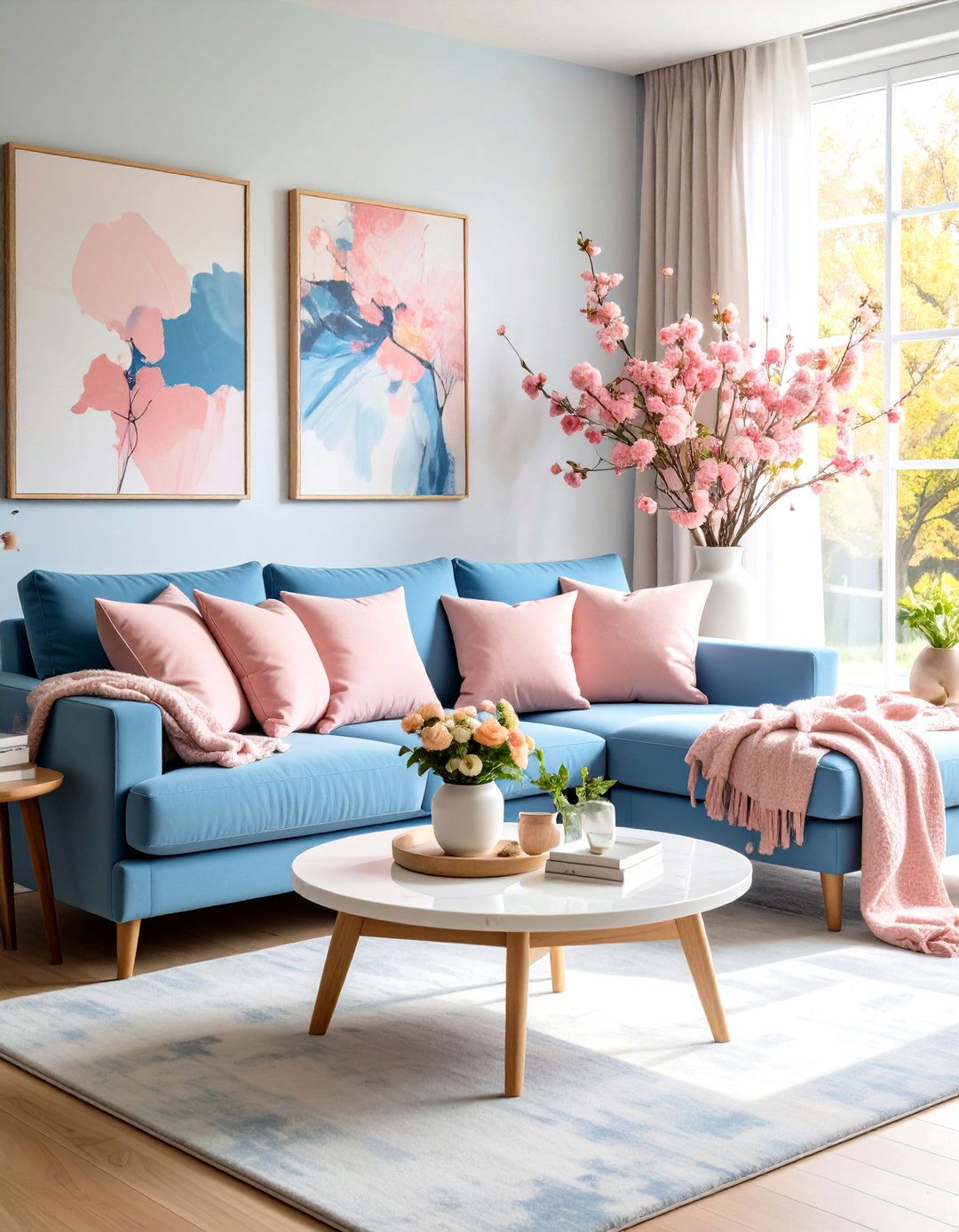 Pastel Blue Sectional with Blush Pink Throw Pillows and Blankets - 24 Pink and Blue Living Room Ideas