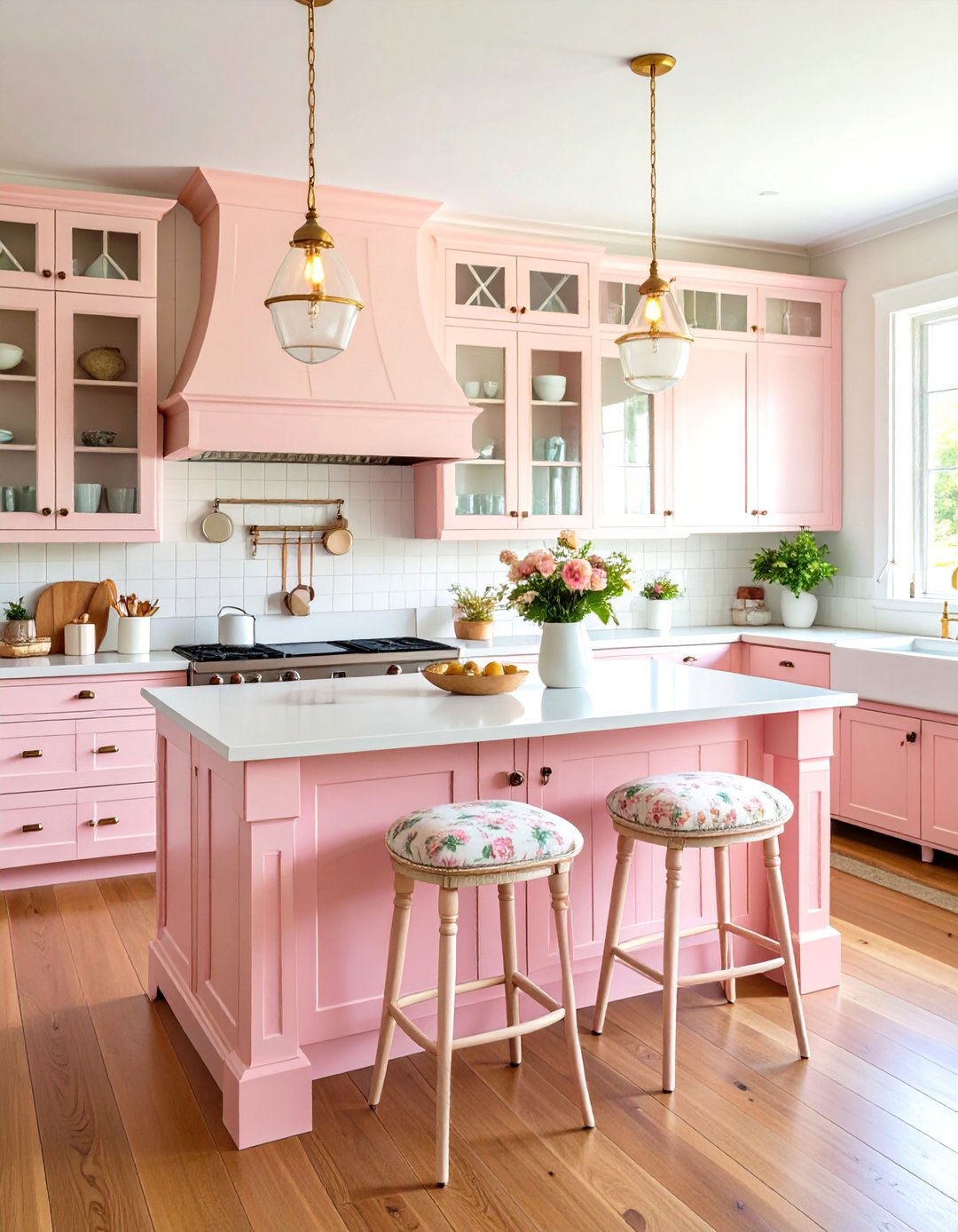 Pastel Pink Island Kitchen with Vintage Appliances - 24 Shabby Chic Kitchen Ideas
