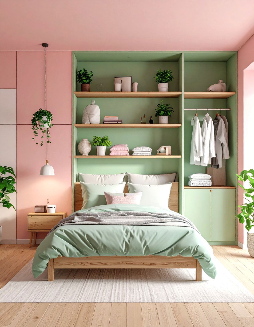 Pastel Pink Walls with Mint Green Built ins - 24 Pink and Green Bedroom Ideas
