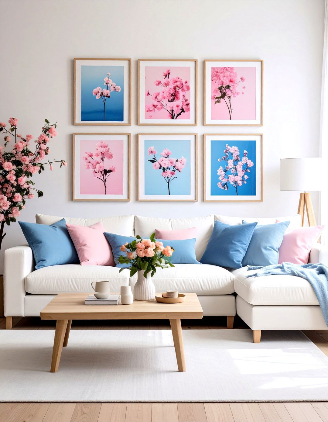 Pastel Pink and Blue Gallery Wall with White Furniture - 24 Pink and Blue Living Room Ideas