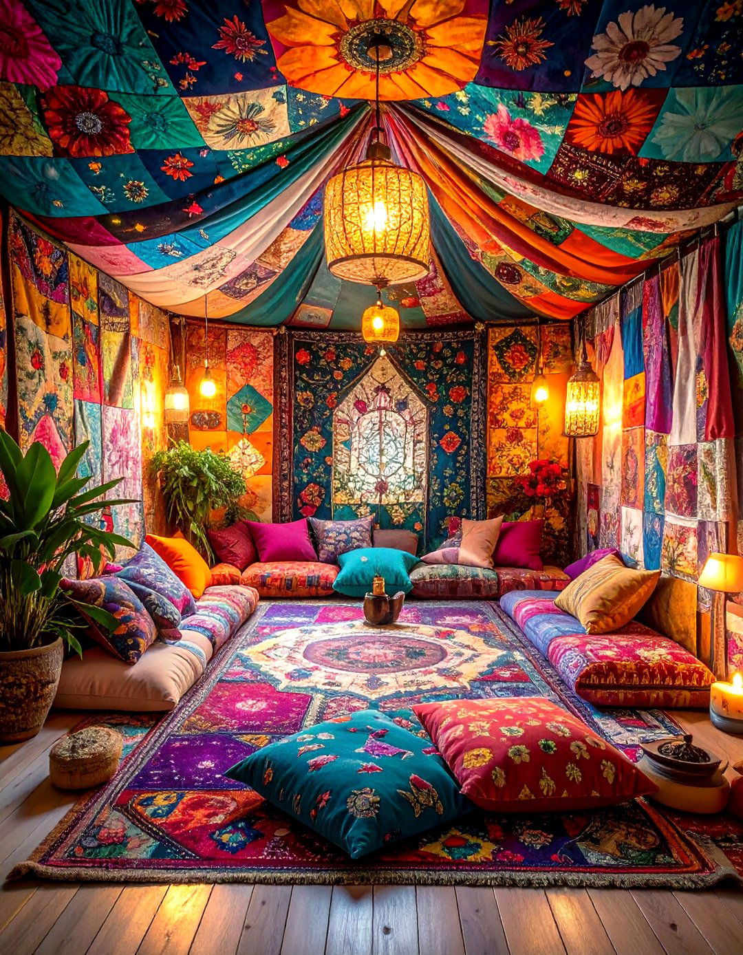Patchwork Textile Meditation Cocoon - 24 Boho Meditation Room Ideas