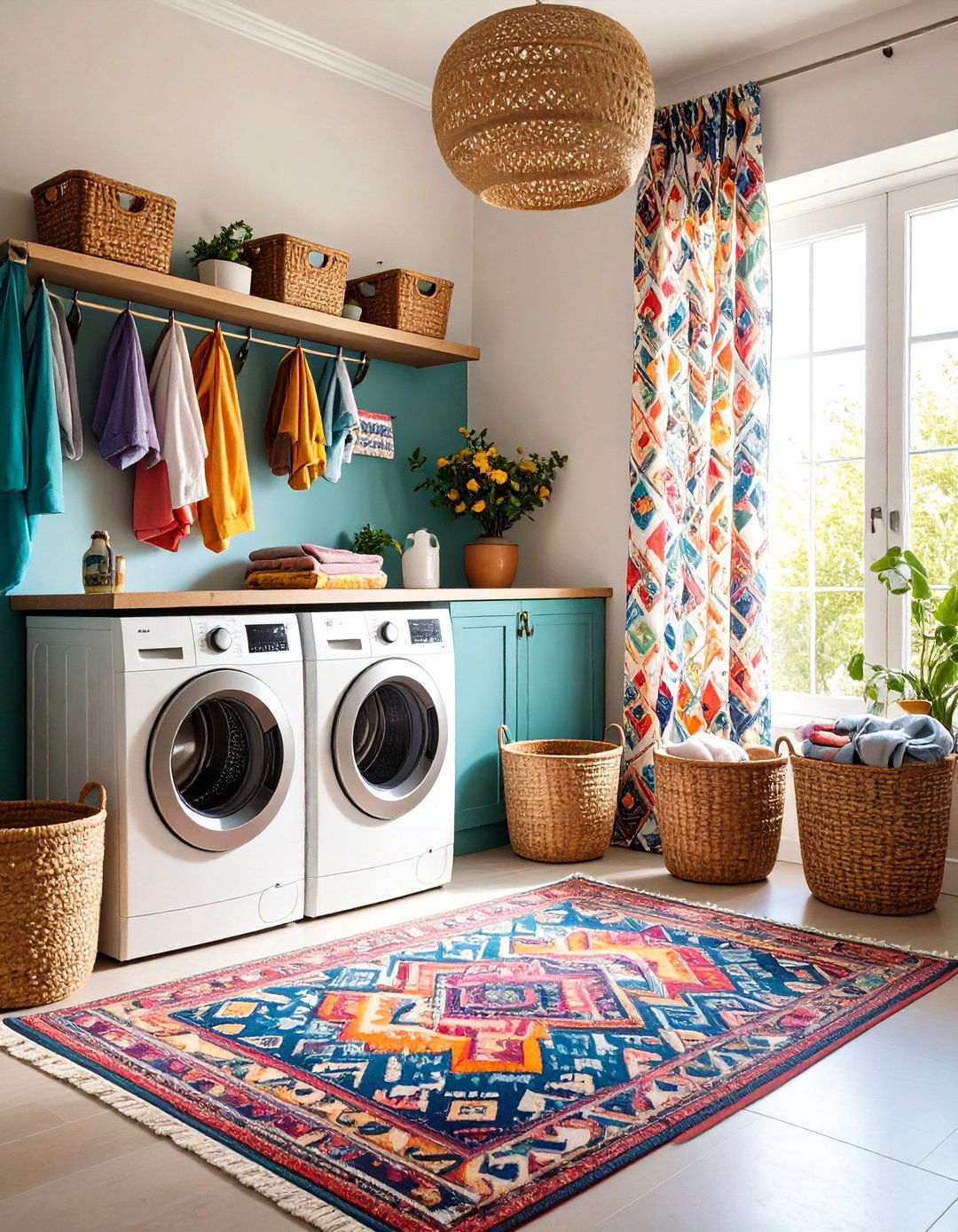Patterned Textile Layering Laundry Room - 24 Boho Laundry Room Ideas