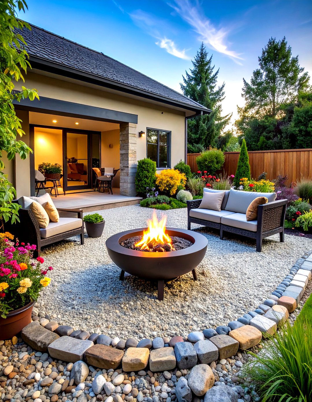 Pea Gravel Patio with Portable Fire Bowl - 24 Stone Patio With a Fire Pit Ideas