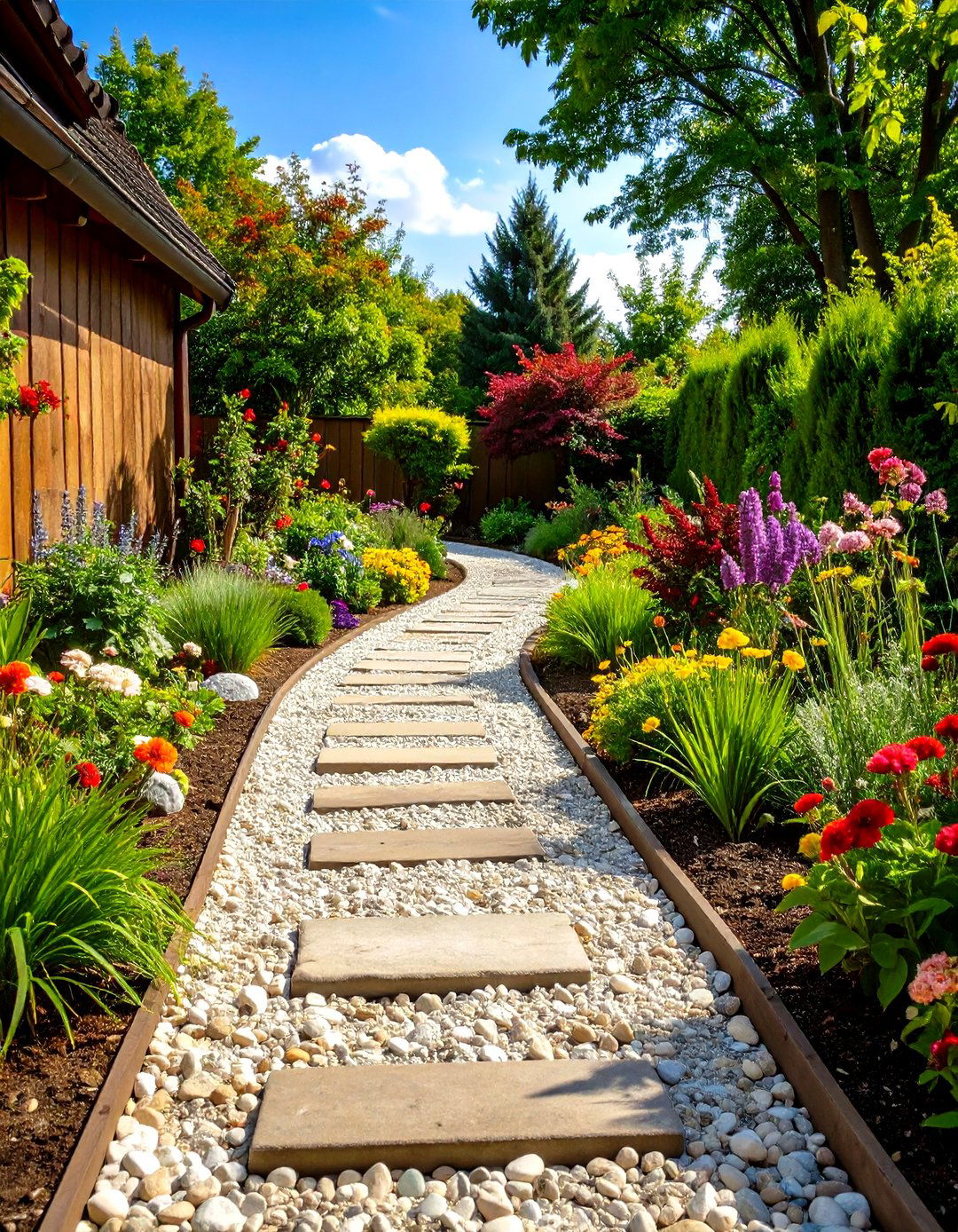 Pea Gravel Walkway with Planted Border Strips - 24 walkway ideas