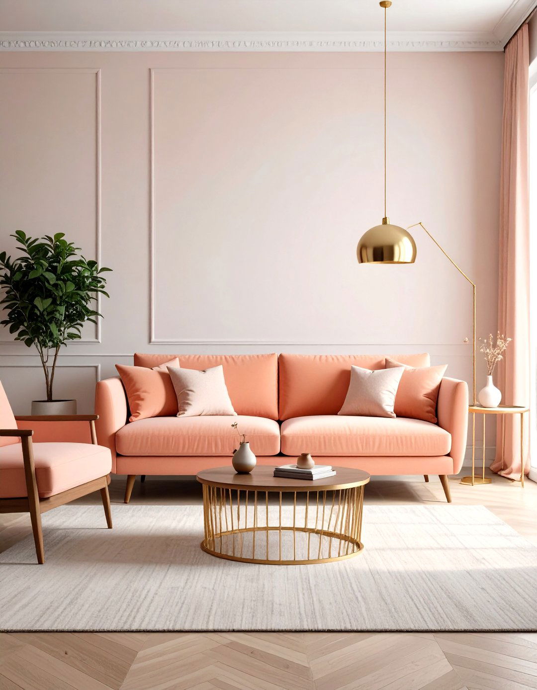 Peach Pink Sofa in Mid Century Modern Design - 24 Pink Couch Living Room Ideas