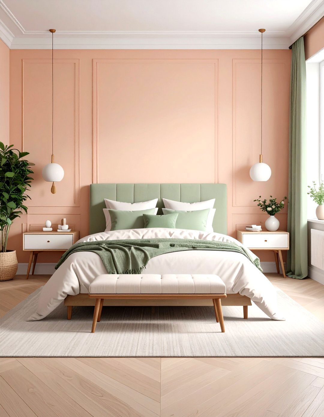 Peach and Sage Green Minimalist Bedroom - 24 Peach Bedroom Ideas