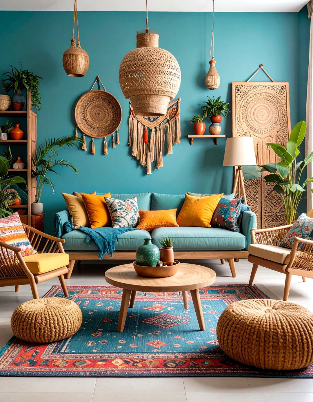 Peacock Blue Bohemian Living Room Wall - 24 Blue Accent Wall Ideas