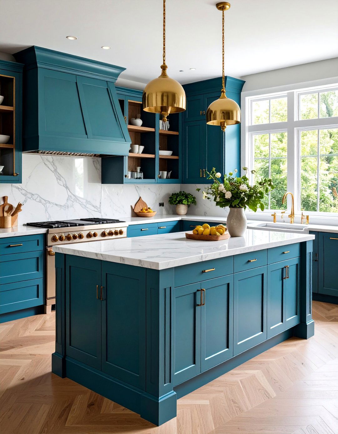 Peacock Blue Transitional Island with Mixed Materials - 24 Blue Kitchen Island Ideas