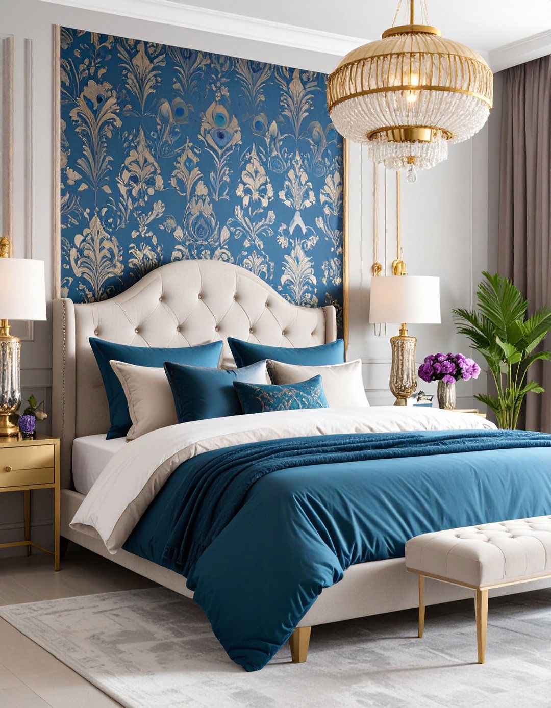 Peacock Blue Wallpaper with Amethyst Accessories - 24 Blue and Purple Bedroom Ideas