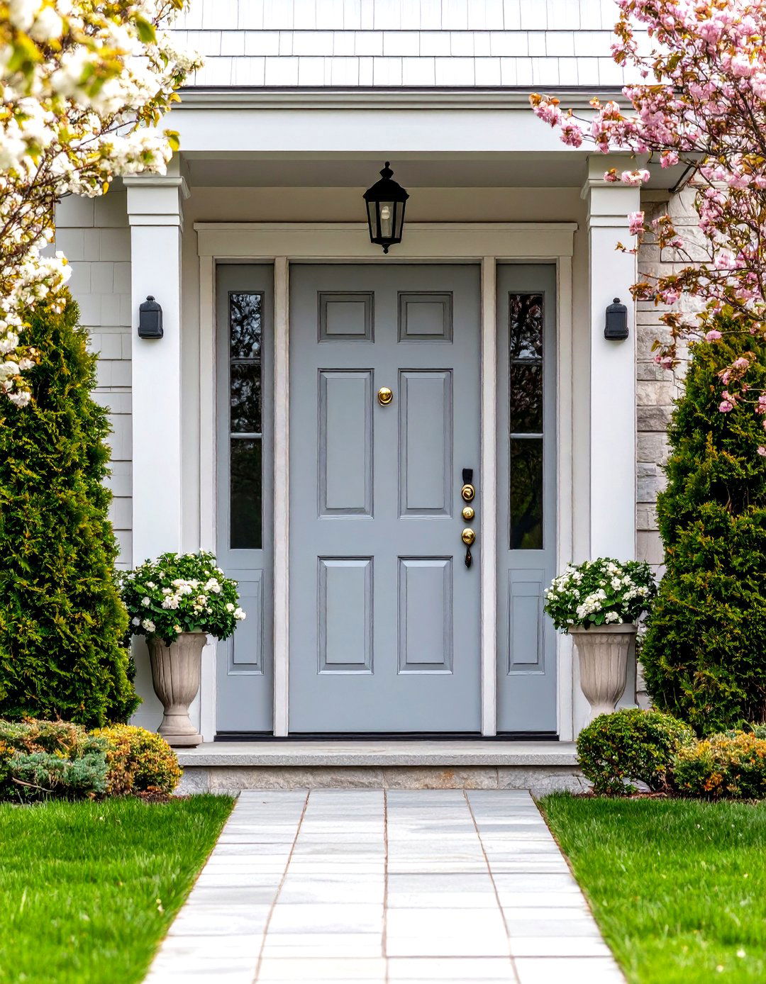 Pearl Grey Wood Door with Elegant Hardware - 24 Grey Front Door Ideas