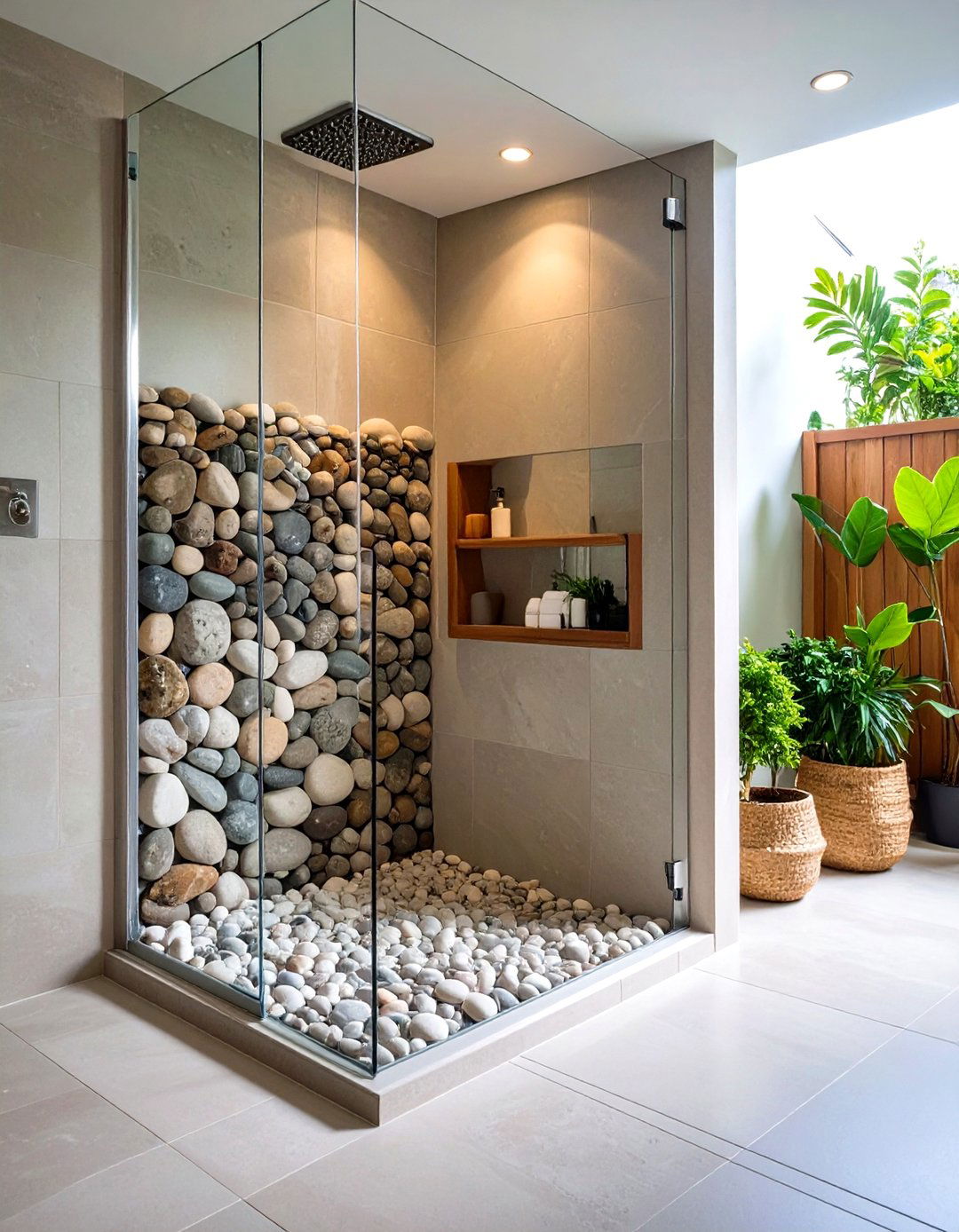 Pebble Stone Shower Niches - 24 Stone Bathroom Ideas