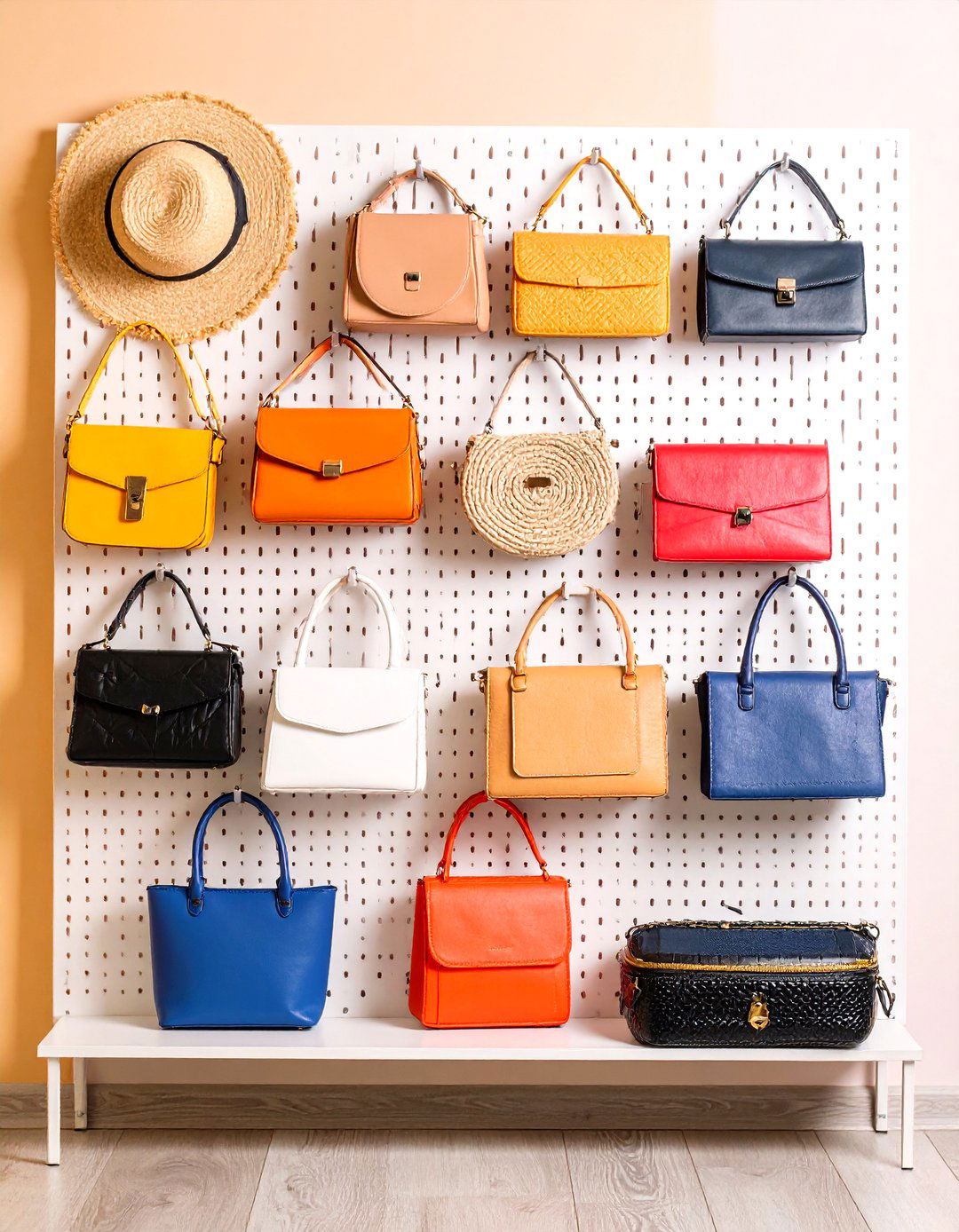 Pegboard Wall Storage with Adjustable Hooks - 24 Purse Storage Ideas