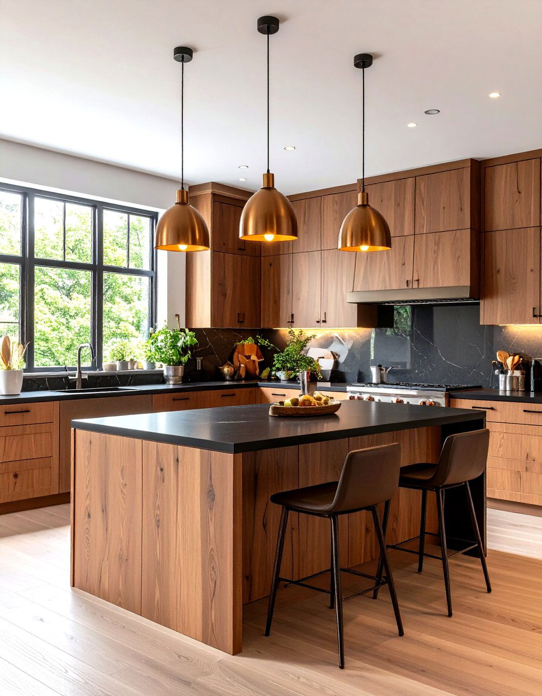 Pendant Light Design for Brown Cabinet Kitchens - 24 kitchen with brown cabinets and black countertops ideas