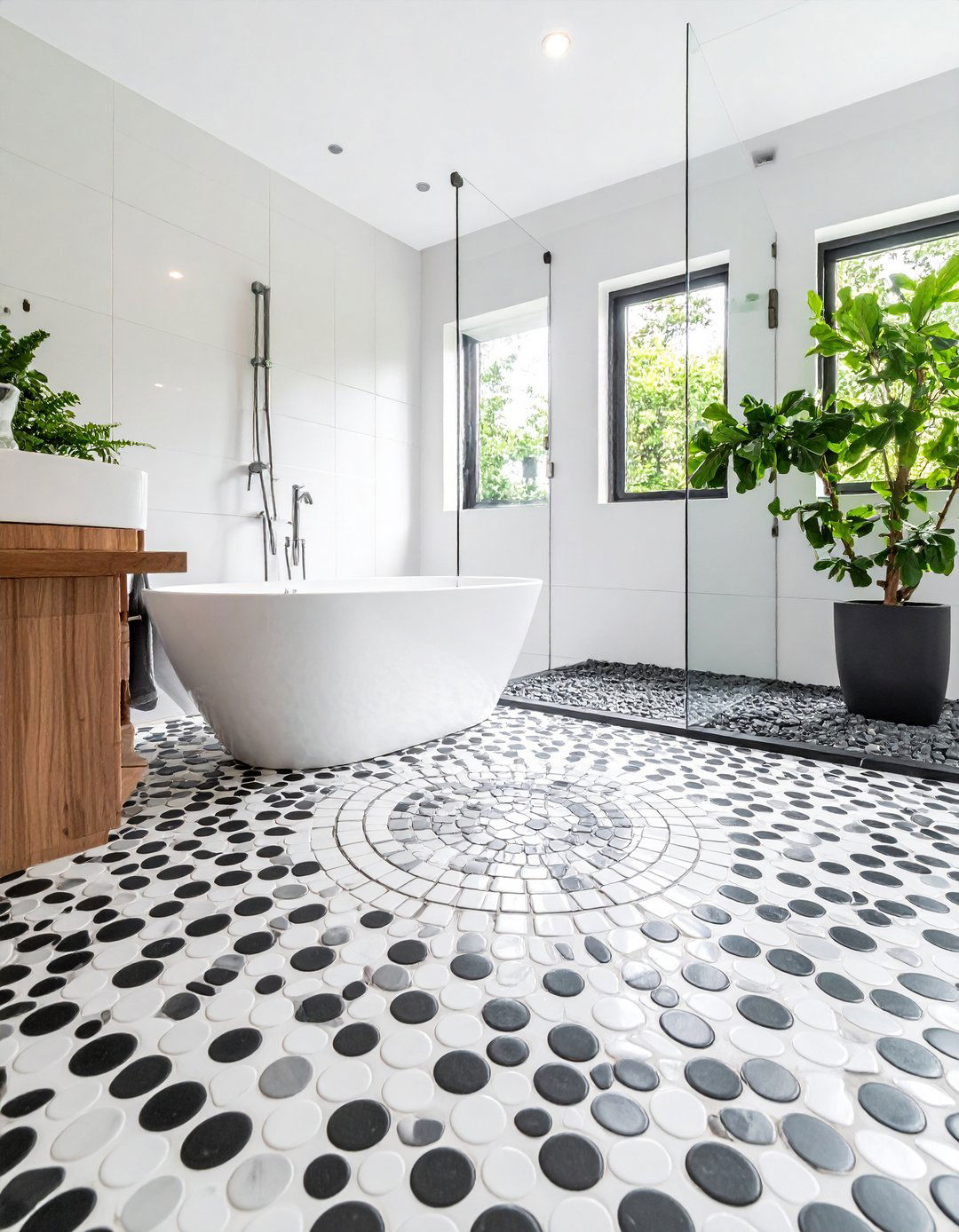 Penny Round Mosaic Features - 24 Black and White Bathroom Tile Ideas
