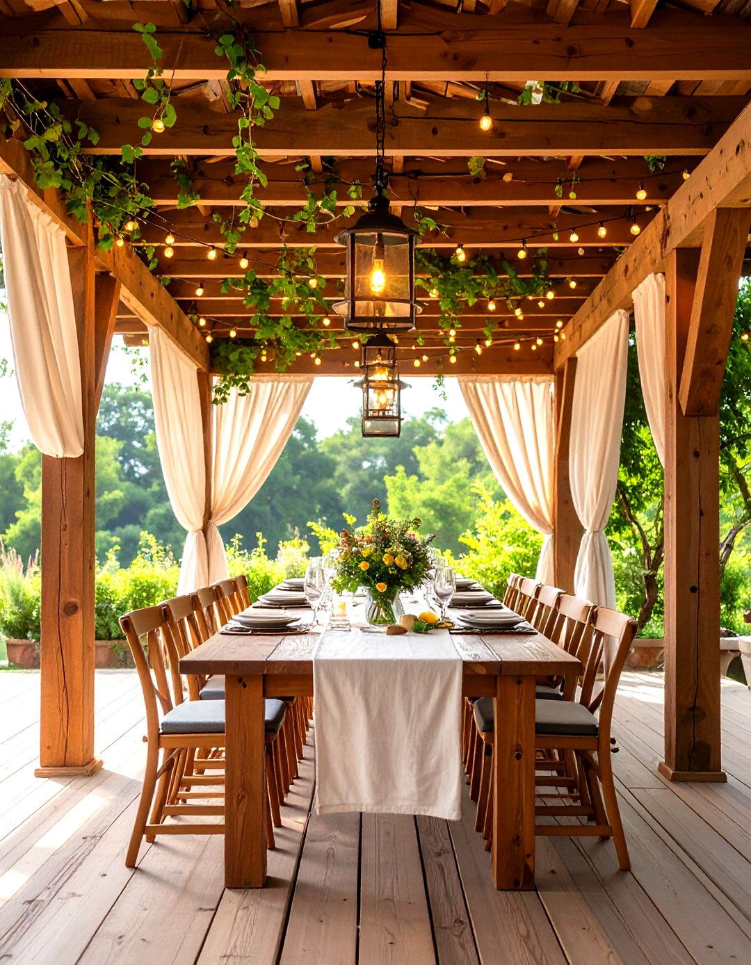 Pergola Covered Farmhouse Patio Dining - 24 Farmhouse Patio Ideas