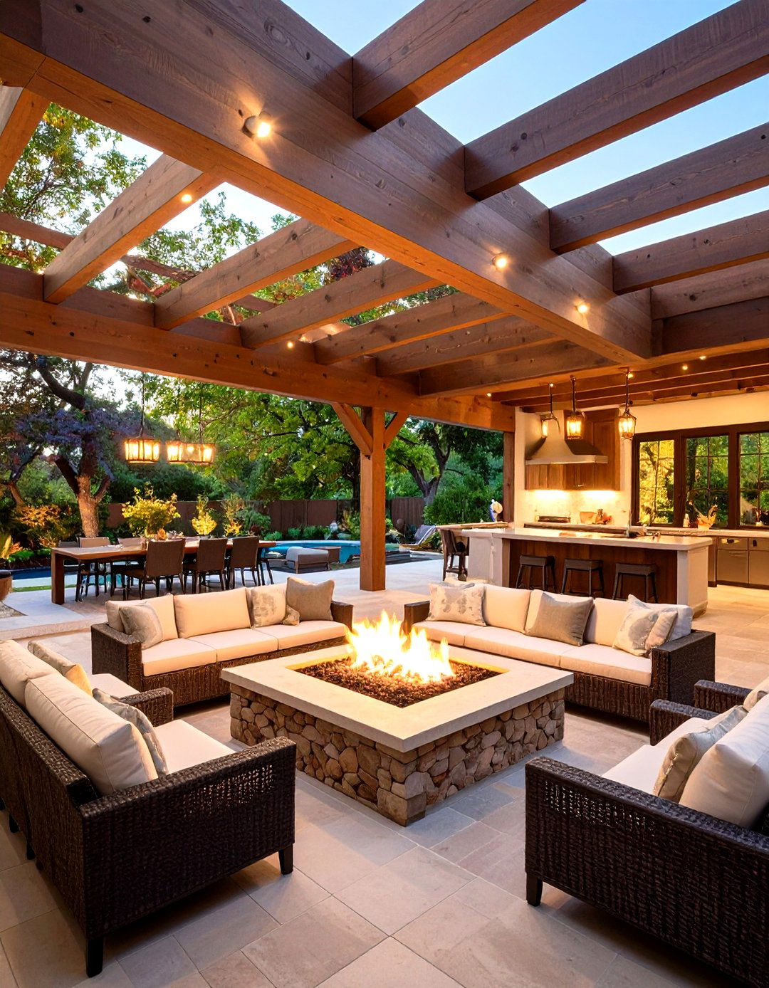 Pergola Covered Fire Pit with Outdoor Kitchen Integration - 24 Fire Pit Ideas