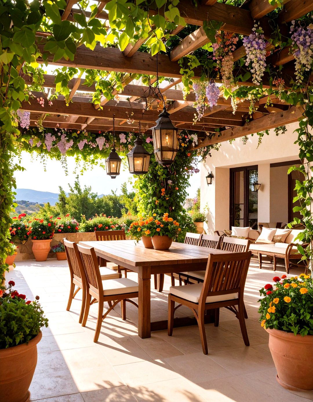 Pergola Covered Outdoor Dining Terrace - 24 Italian Garden Design Ideas