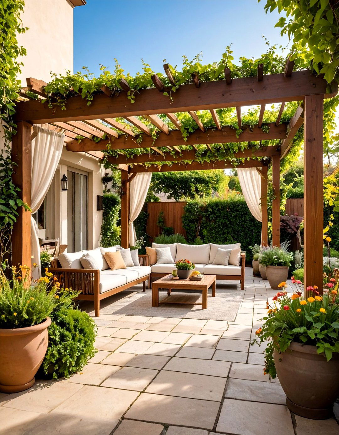 Pergola Covered Space Design - 24 cobblestone patio ideas