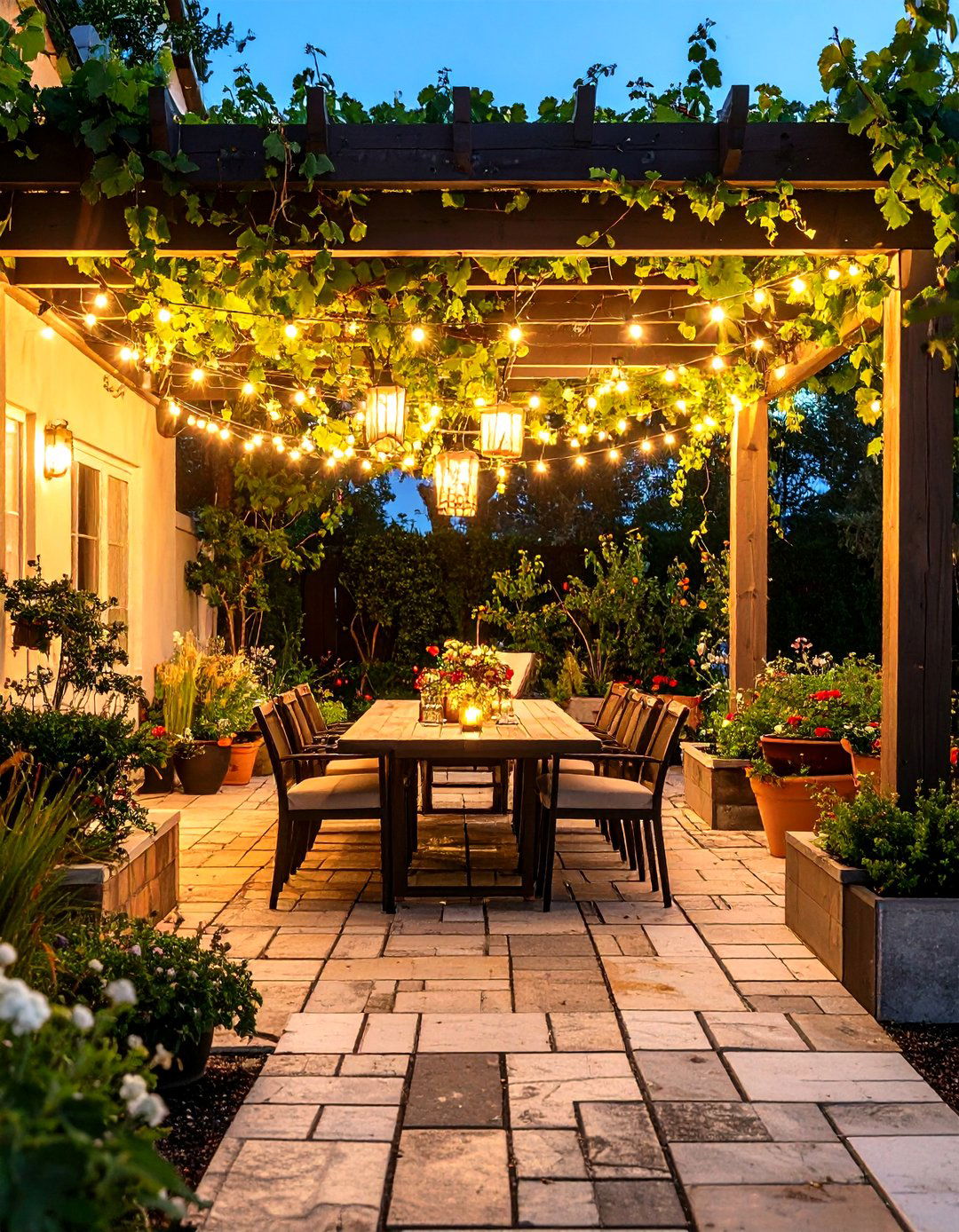 Pergola Dining Nook with Grapevines - 24 Garden Nook Ideas