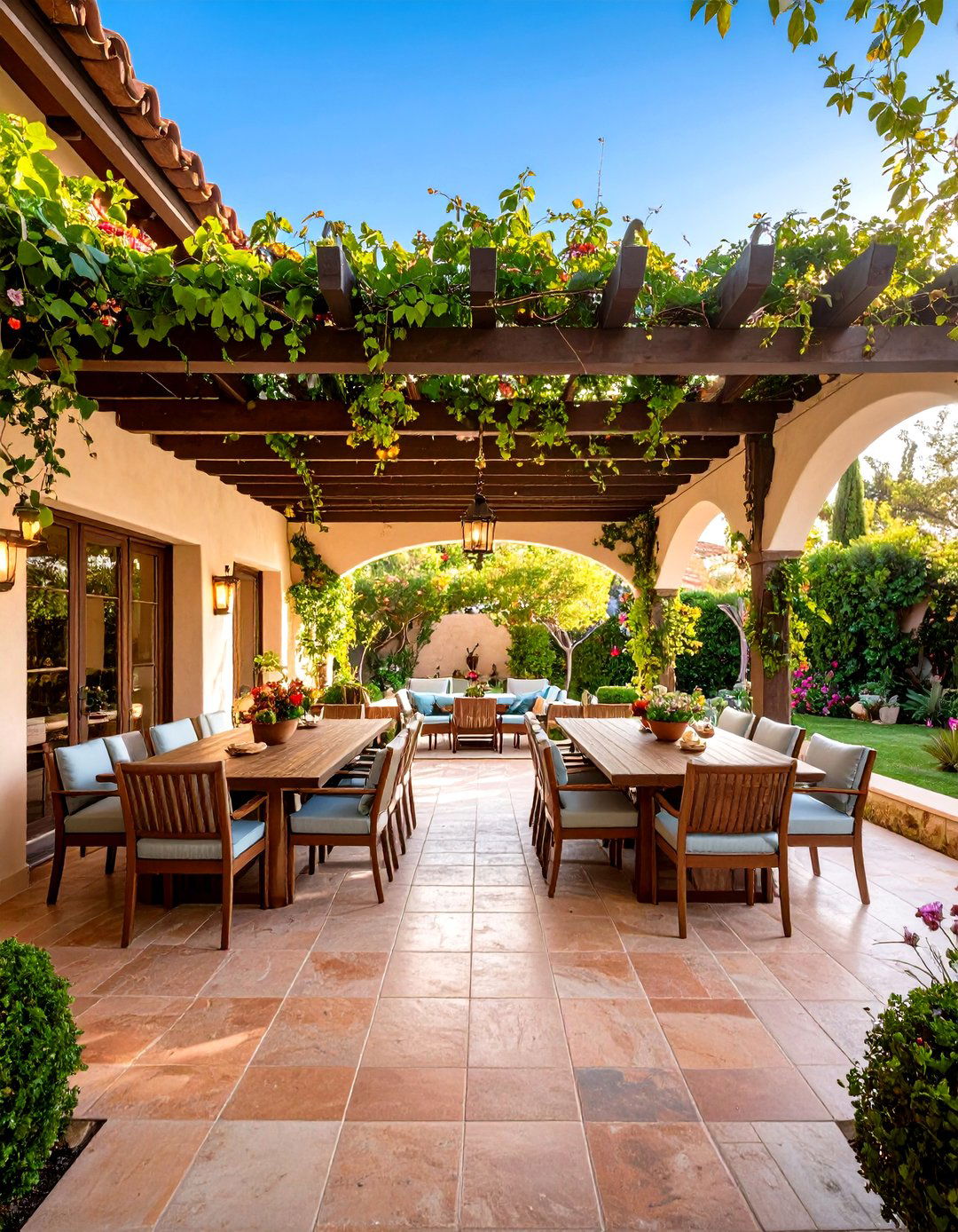 Pergola Dining Terrace - 24 front yard spanish style landscaping ideas