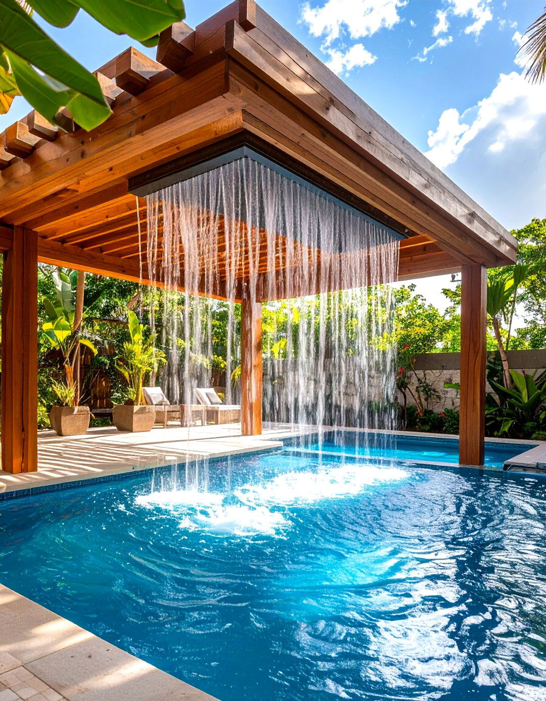 Pergola Integrated Rain Features - 24 Small Pool Waterfall Ideas