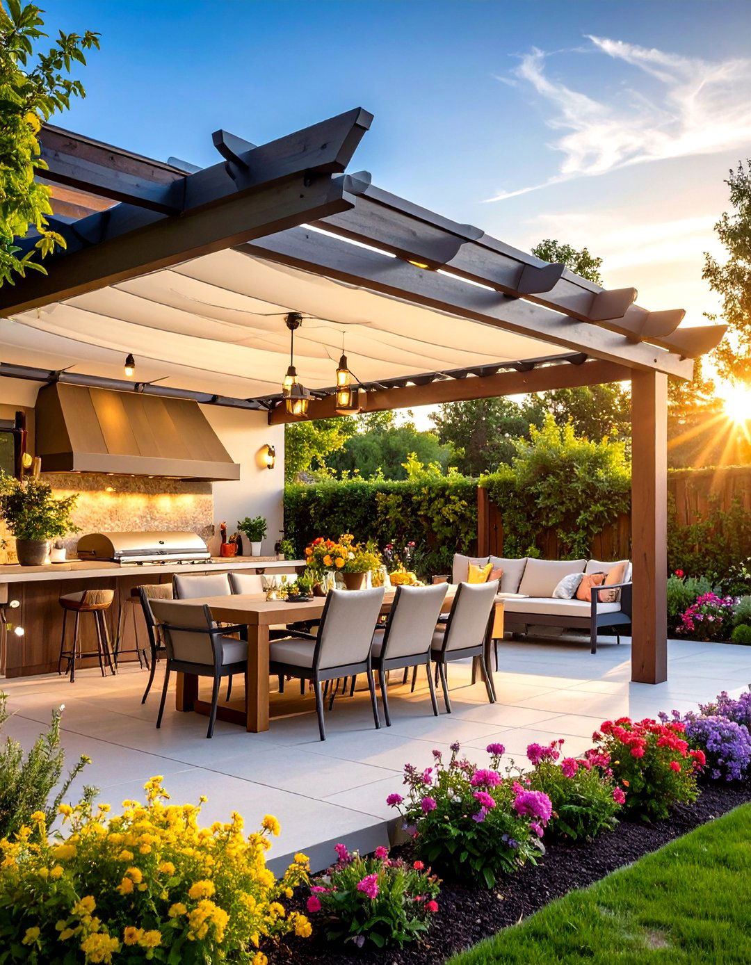 Pergola Kitchen with Retractable Shade Systems - 24 Summer Kitchen Ideas