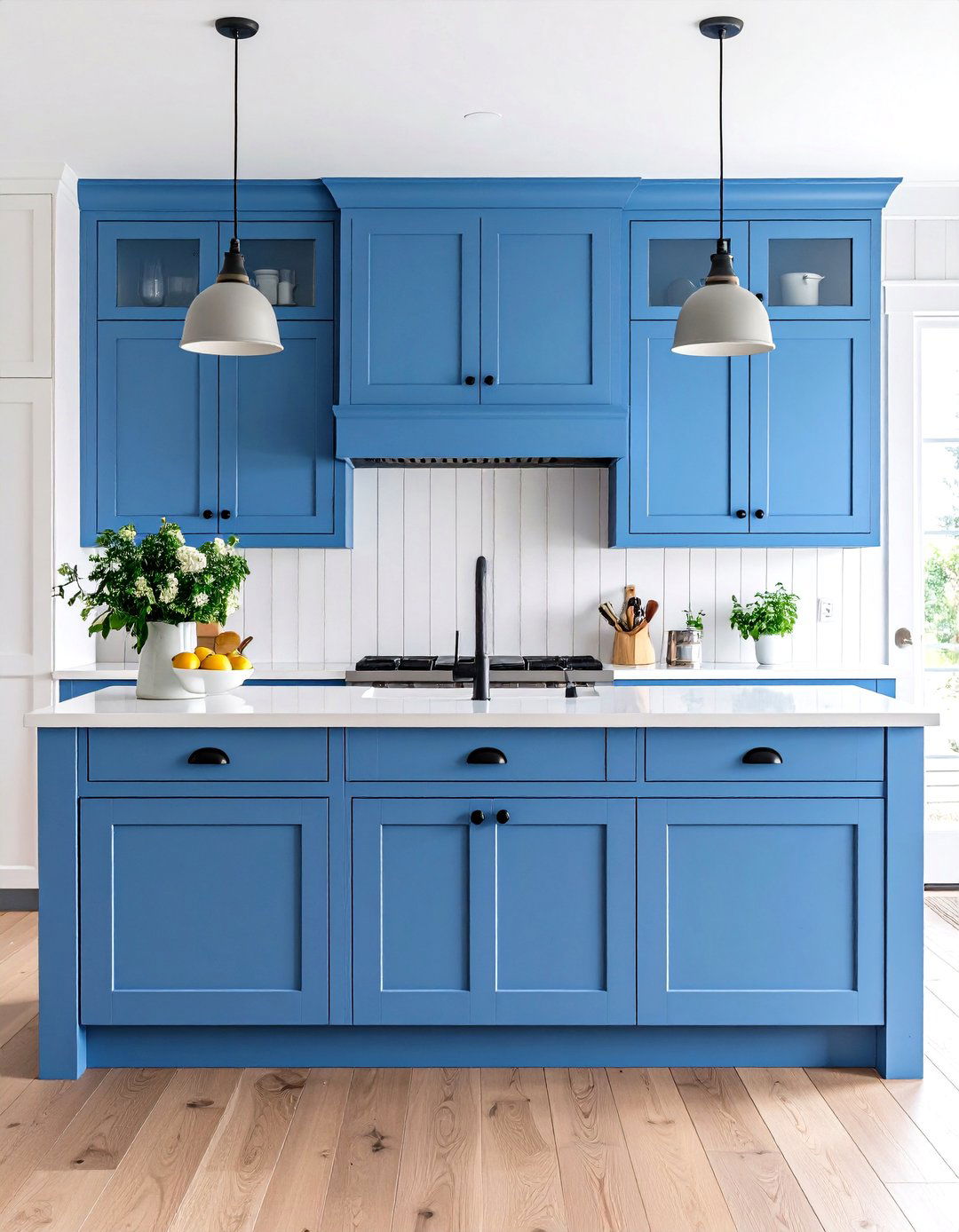 Periwinkle Blue Cabinets with White Beadboard Backsplash - 24 Blue and White Kitchen Ideas