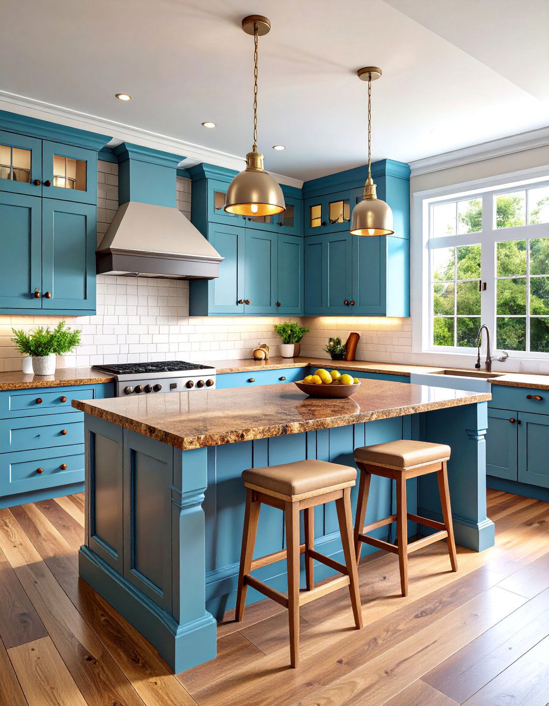 Periwinkle Blue Cottage Cabinets with Typhoon Brown Granite - 24 blue kitchen cabinets with brown granite countertops