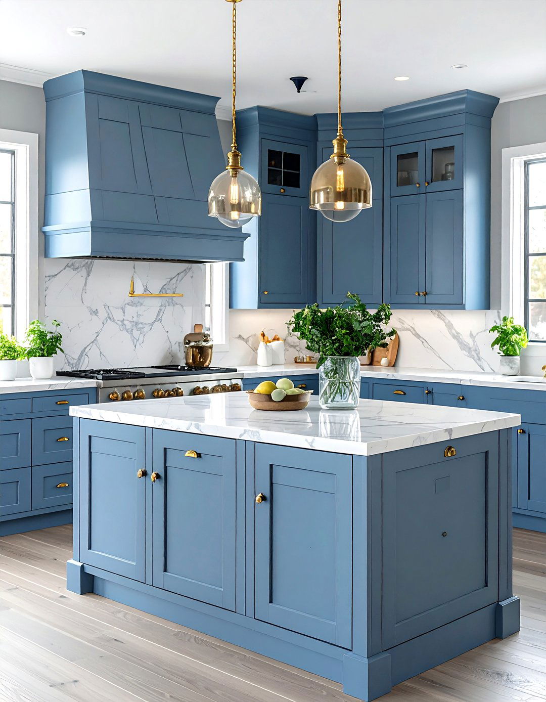 Periwinkle Blue Island with Vintage Brass Accents - 24 Blue Kitchen Island Ideas