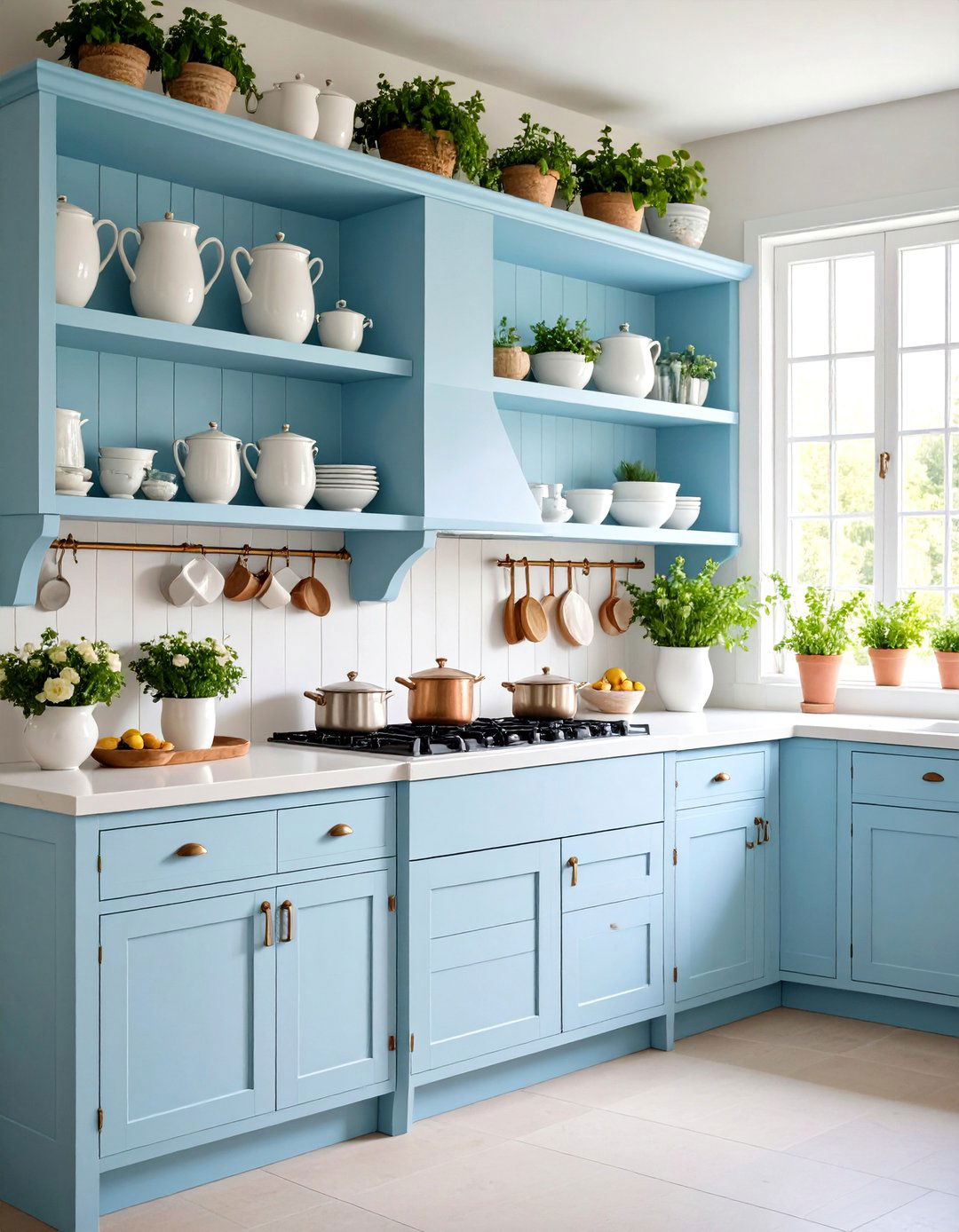 Periwinkle Blue Open Shelving - 24 Blue French Country Kitchen Ideas