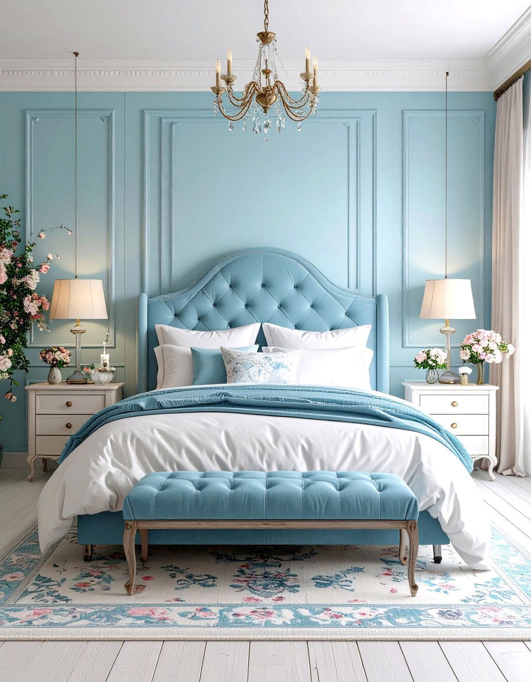 Periwinkle Blue Romantic Cottage with Vintage Details - 24 blue and green bedroom ideas