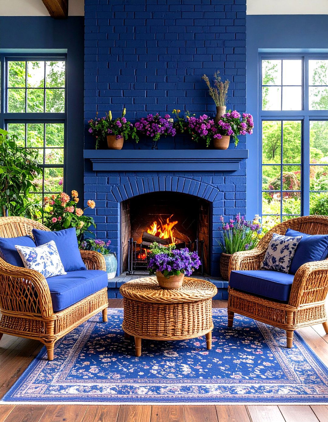 Periwinkle Painted Brick Fireplace with English Garden - 24 Painted Brick Fireplace Ideas