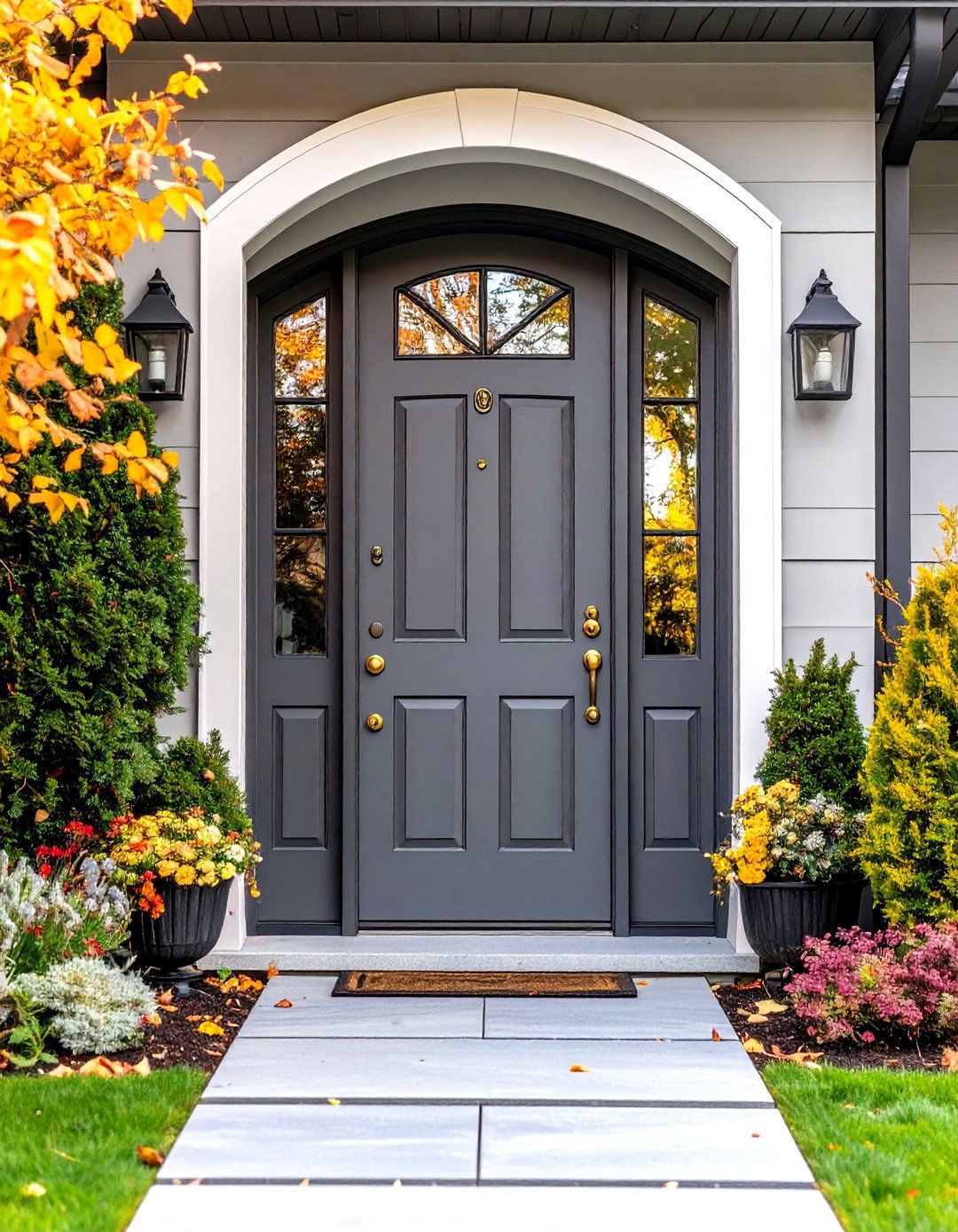 Pewter Grey Fiberglass Door with Arched Glass - 24 Grey Front Door Ideas