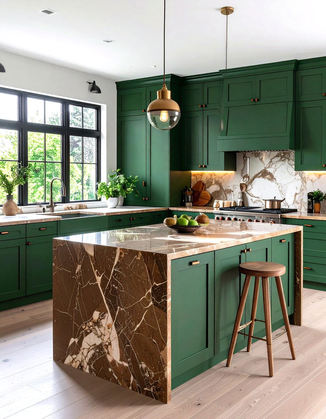 Pine Green Cabinets with Brown Marble Countertops
